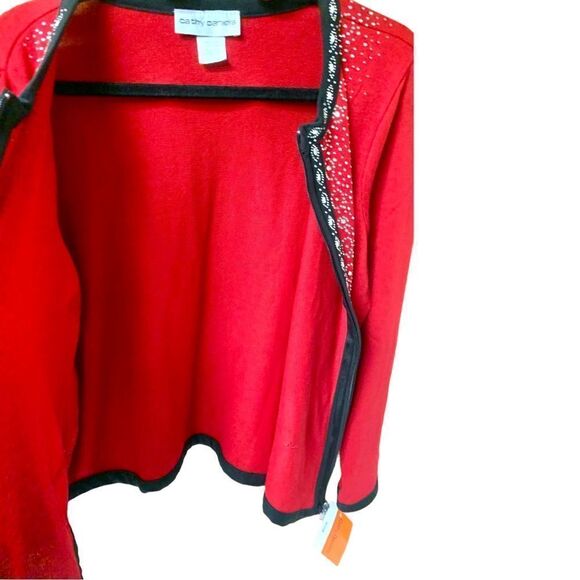 CATHY DANIEL’S Pretty Red Sequin Embroidered Zip Front Sweater Jacket. - Picture 4 of 11